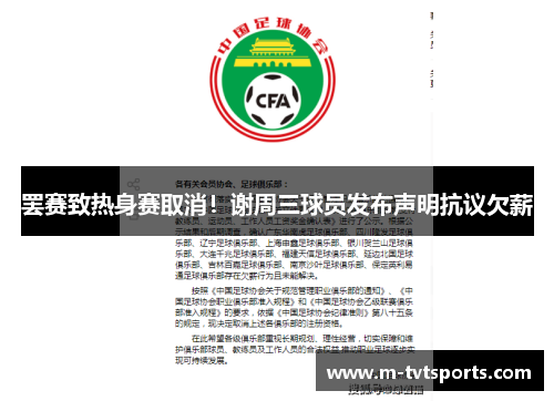 罢赛致热身赛取消！谢周三球员发布声明抗议欠薪